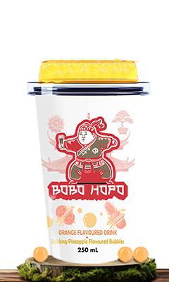 Bobohopo Orange Flavored Drink with Bobbing Pineapple Flavored Bubbles, 250 ml, set against a vibrant natural backdrop.