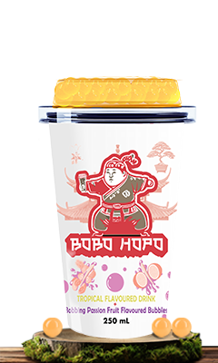 Bobohopo Tropical Flavored Drink with Bobbing Passion Fruit Flavored Bubbles, 250 ml, standing on a lush green surface.