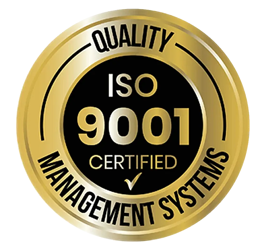 A gold and black circular seal with 'ISO 9001 Certified' in white text.