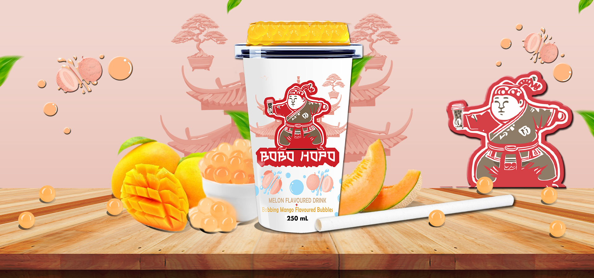 Bobohopo Melon Flavored Drink with Bobbing Mango Flavored Bubbles, 250 ml, set on a wooden table with fresh mango and melon slices, and a playful mascot.