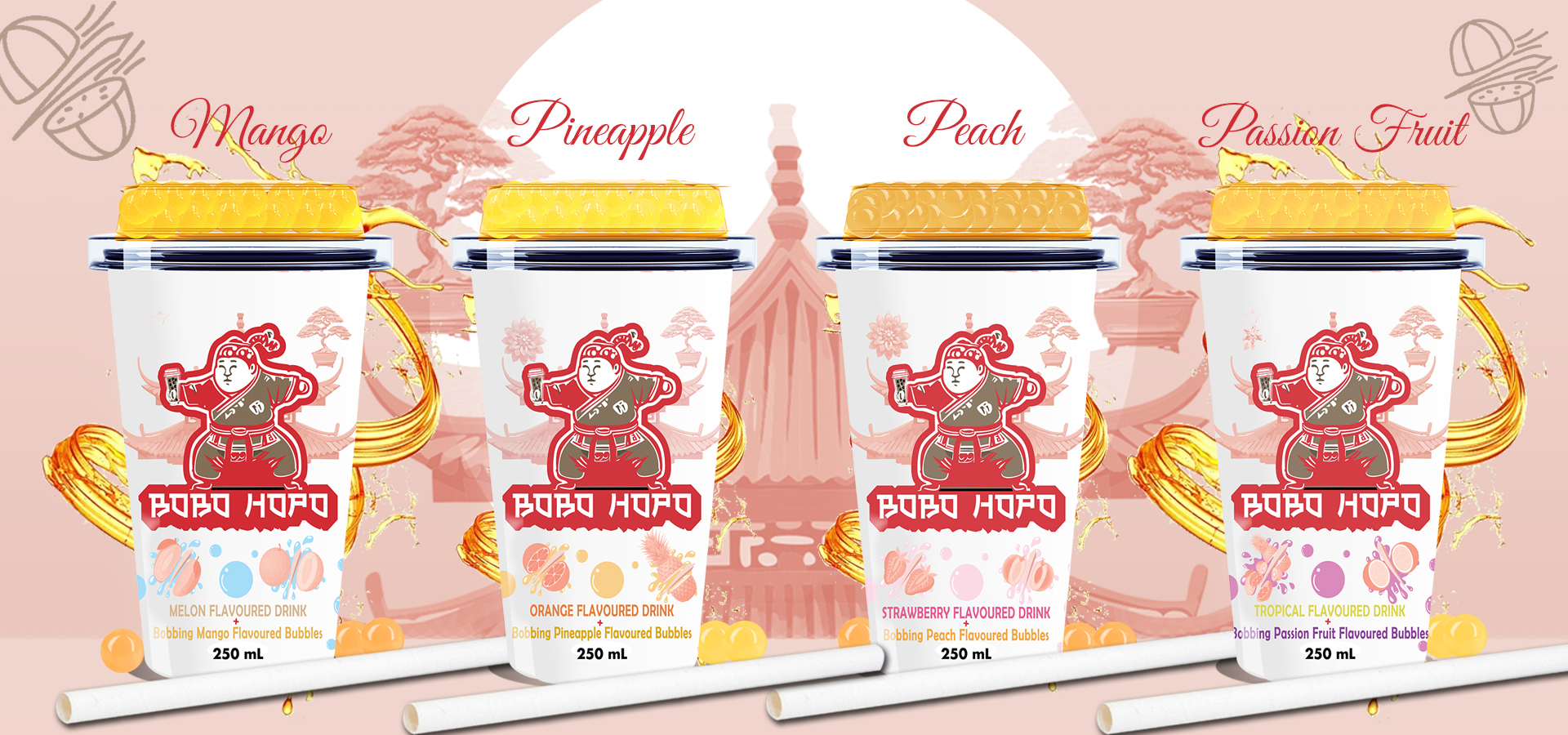 Bobohopo drinks variety featuring Mango, Pineapple, Peach, and Passion Fruit flavors, 250 ml each, with bobbing bubbles.