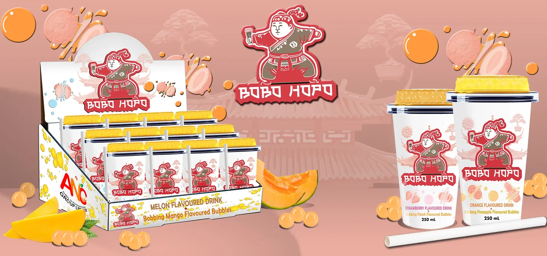 Bobohopo Melon and Orange Flavored Drinks with bobbing bubbles, 250 ml each, displayed in a retail box with fresh fruits, emphasizing their refreshing flavors.